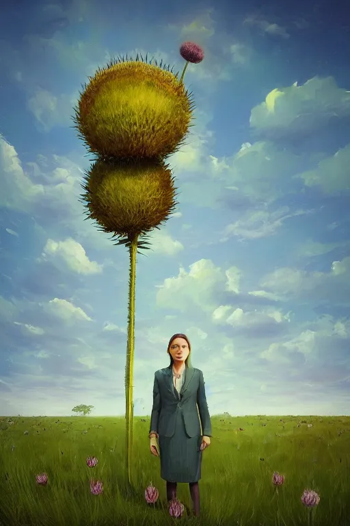 Prompt: portrait, enormous thistle flower as the head, a girl in a suit in field of flowers, surreal photography, sunrise, blue sky, dramatic light, impressionist painting, digital painting, artstation, simon stalenhag