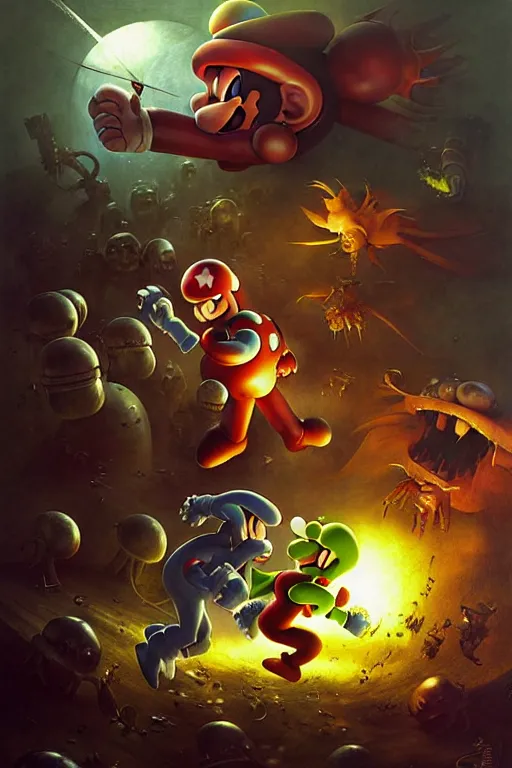 Image similar to hieronymus bosch, greg rutkowski, anna podedworna, painting of samus aran fighting mario and luigi