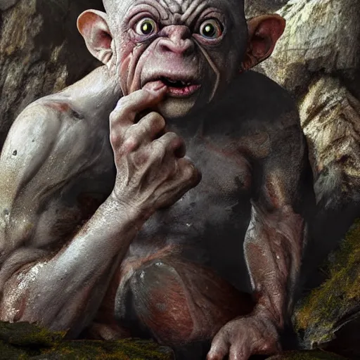 Prompt: hyperrealistic mixed media high resolution painting of Danny DeVito Gollum perched in a dark cave, stunning 3d render inspired art by Jamie Salmon and István Sándorfi and Unreal Engine and Greg Rutkowski, perfect facial symmetry, dim volumetric lighting, 8k octane beautifully detailed render, full body shot, post-processing, extremely hyper-detailed, intricate, epic composition, highly detailed attributes, highly detailed atmosphere, cinematic lighting, masterpiece, trending on artstation, very very detailed, masterpiece, stunning, flawless completion, lifelike texture, perfection,