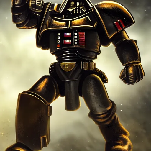 Image similar to space marine from warhammer 40000 in the style of the meaning of life, realism, against the background of the battlefield, depth of field, focus on darth vader,