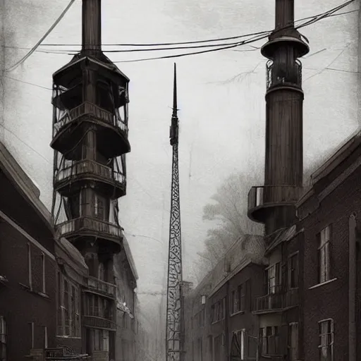 Prompt: A street-level view of a gloomy fantasy Victorian-era town, single-point perspective centered in a radio tall, foreboding radio tower with cast-iron walkways; muted colors cloudy weather, trending on artstation.