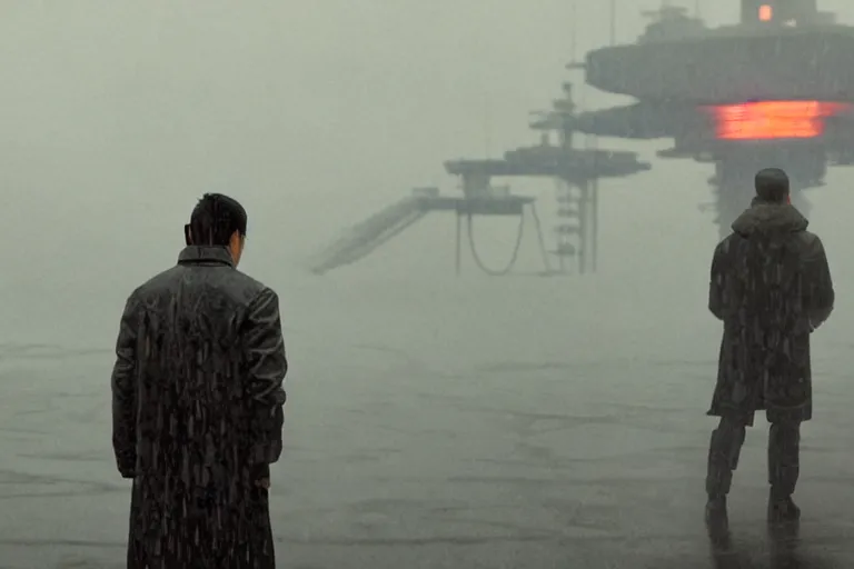 Image similar to a still from bladerunner 2 0 4 9 depicting a long shot photograph of a handsome asian man wearing wet weather gear. he stares intently into the camera with a worried expression. behind him is a futuristic oil rig in the deep ocean. sci fi, futuristic, cinematic, low light, soft focus.