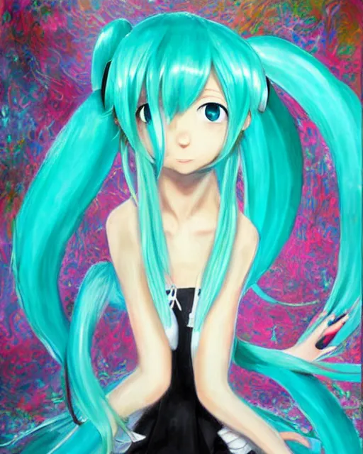 Image similar to a very beautiful painting of Hatsune Miku by Earl Moran