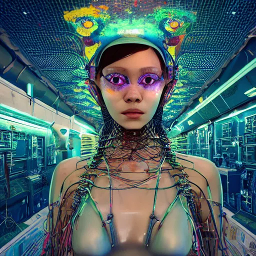 Prompt: space station on the moon, piles of modular synth cables mixed with mangrove roots, kawaii puerto rican goddess staring through your soul wearing a headpiece made of circuit boards, by cameron gray, wlop, stanley kubrick, masamune, hideki anno, jamie hewlett, unique perspective, trending on artstation, cinematic, 3 d render, vivid