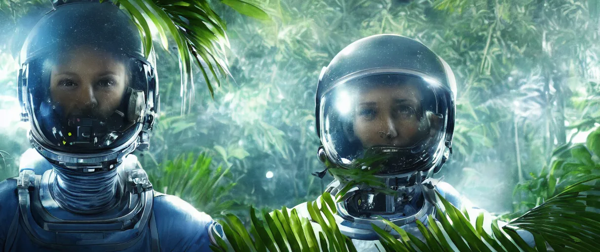 Image similar to close - up portrait of space astronaut flying inside tropical jungle with palm leaves, small foggy and gloomy, blue helmet lights, 6 0 mm full - frame, bokeh background, highly detailed science fiction illustration by jeremy geddes. photorealistic, octane render, hyper detailed, 8 k, movie still, artstation, unreal engine