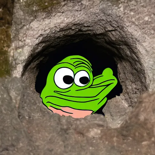 Prompt: happy pepe in a dark cave