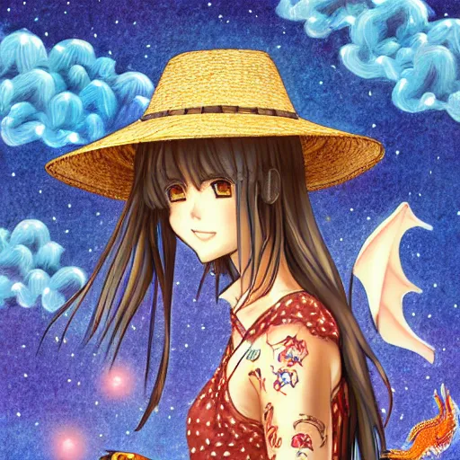 Prompt: manga art girl in straw hat with dragon tatoo with lights traveling around swamp in boat