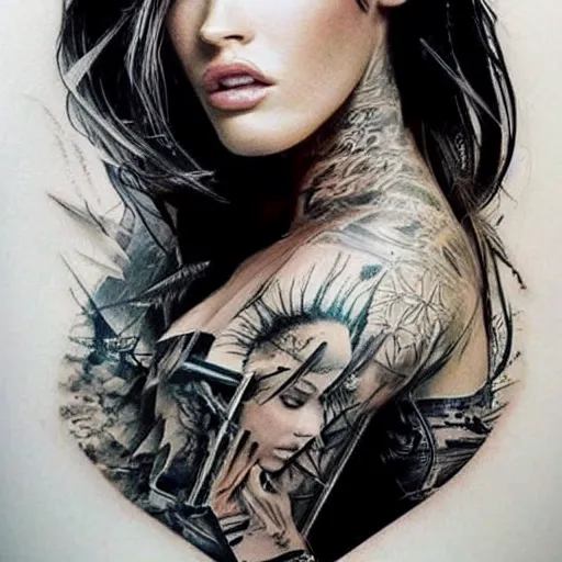 Image similar to hyper realism tattoo design of megan fox face double exposure effect with beautiful mountain scenery, in the style of matteo pasqualin, amazing detail, sharp, faded