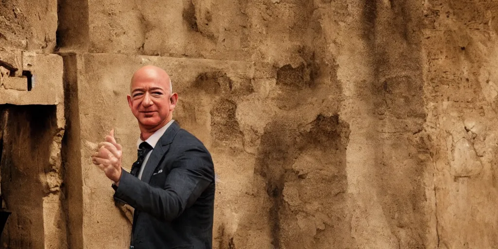 Image similar to film frame of jeff bezos taking a trasure from an ancient temple. indiana jones style 4 k quality rule of thirds jeff bezos dressed as indiana jones detail cinematic color grading by christopher nolan. portrait photography. close shot