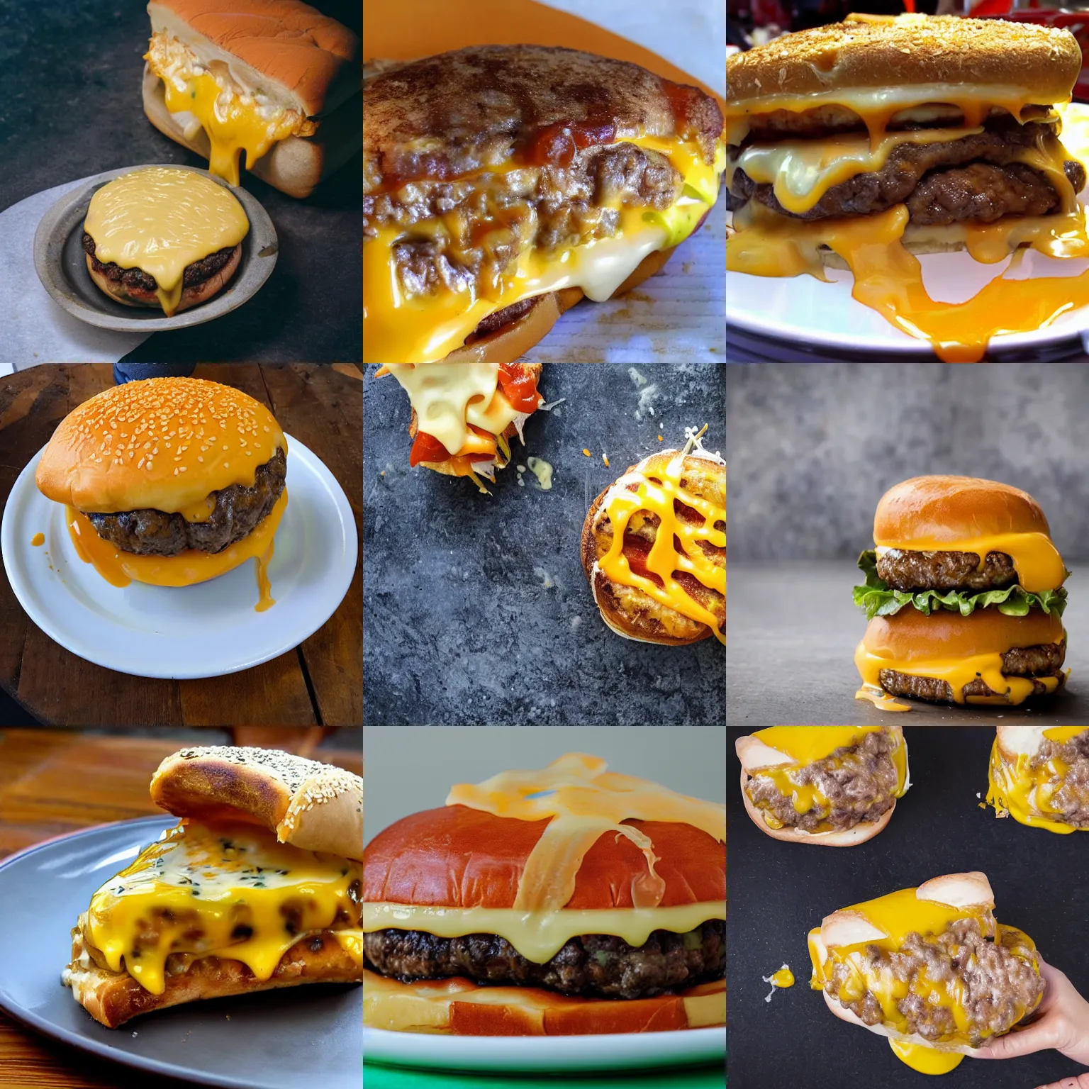 Image similar to cheeseburger with too much melted cheese, gooey cheese, overflowing cheese, cheese everywhere, puddle of cheese