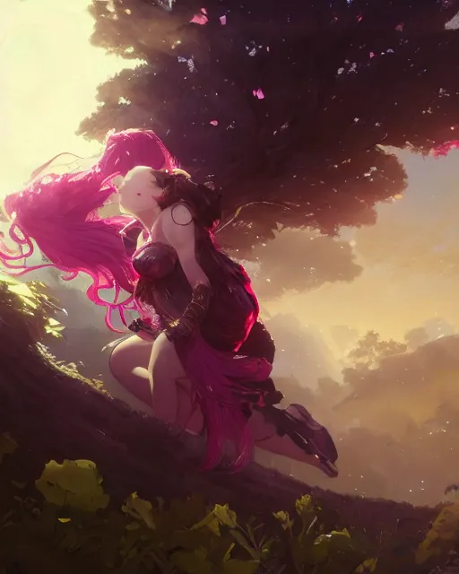 Image similar to a highly detailed image of A beautiful woman basking in the moonlight, with medium length magenta hair, and a tall tree, and large obsidian crystals, cinematic lighting, dramatic atmosphere, by Dustin Nguyen, Akihiko Yoshida, Greg Tocchini, Greg Rutkowski, Cliff Chiang, 4k resolution, trending on artstation