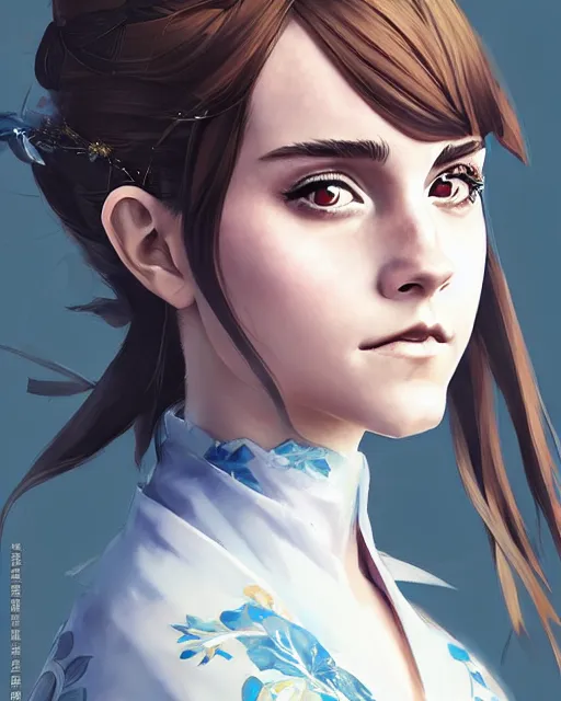 Image similar to An anime portrait of Emma Watson as a beautiful woman wearing a kimono from Skyrim, by Stanley Artgerm Lau, WLOP, Rossdraws, James Jean, Andrei Riabovitchev, Marc Simonetti, and Sakimichan, trending on artstation