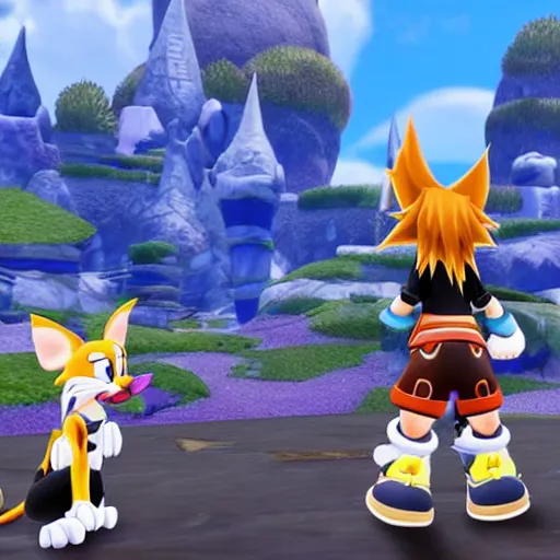 Image similar to A leaked image of a Warrior cats world in Kingdom Hearts 4, Kingdom hearts worlds, Sora donald and Goofy exploring the world of Warrior cats, action rpg Video game, Sora wielding a keyblade, Sora as a cat, cartoony shaders, rtx on, Erin hunter, Warrior cats book series