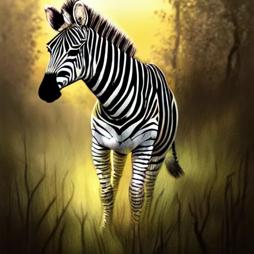 Prompt: a hyperrealistic illustration of a zebra, savanna background with fractal sunlight, award - winning, masterpiece, in the style of tom bagshaw, cedric peyravernay, peter mohrbacher