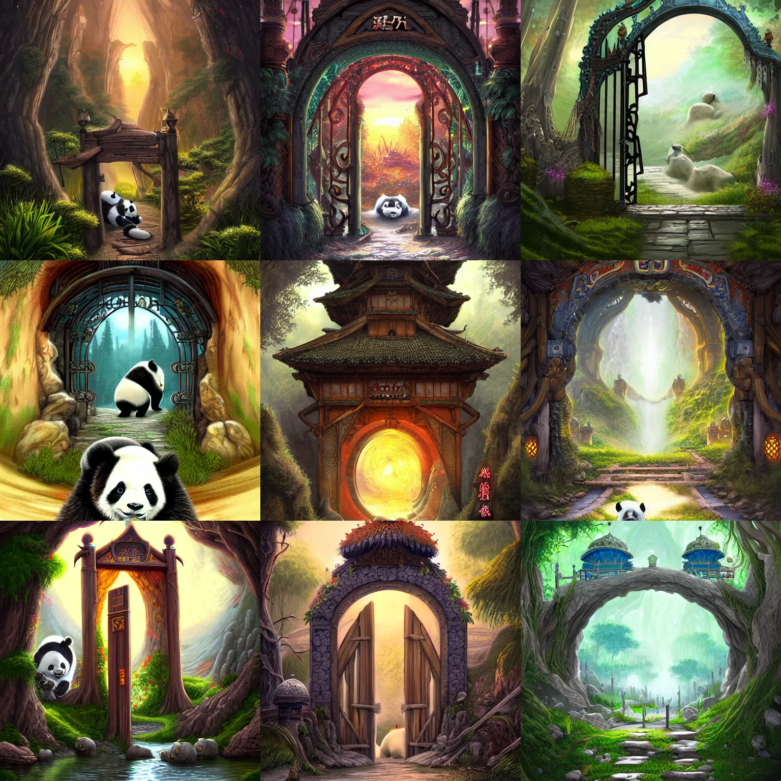 Prompt: The gate to the eternal kingdom of pandas, fantasy, digital art, HD, detailed.
