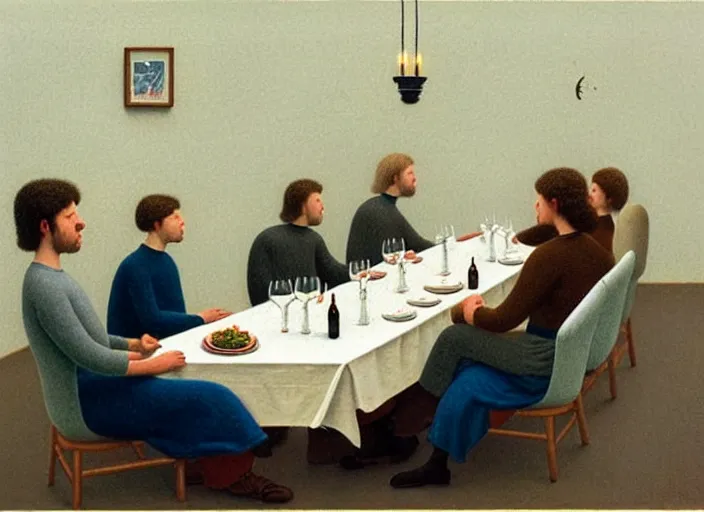 Prompt: a very boring dinner party, painting by quint buchholz, muted colors, gray, dull, boring, low energy, pale blue faces, very detailed