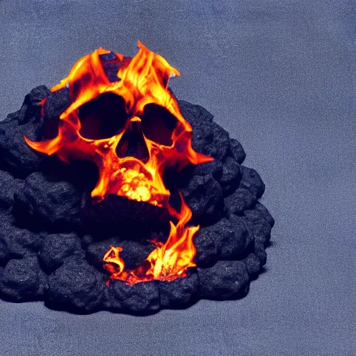 Image similar to a skull on a pile of burning coals and embers, isometric, 3 d render, 8 k