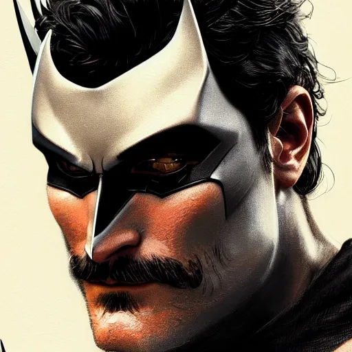 Image similar to handsome Joaquin Phoenix as batman, western, closeup, D&D, fantasy, intricate, elegant, highly detailed, digital painting, artstation, concept art, matte, sharp focus, illustration, art by Artgerm and Greg Rutkowski and Alphonse Mucha