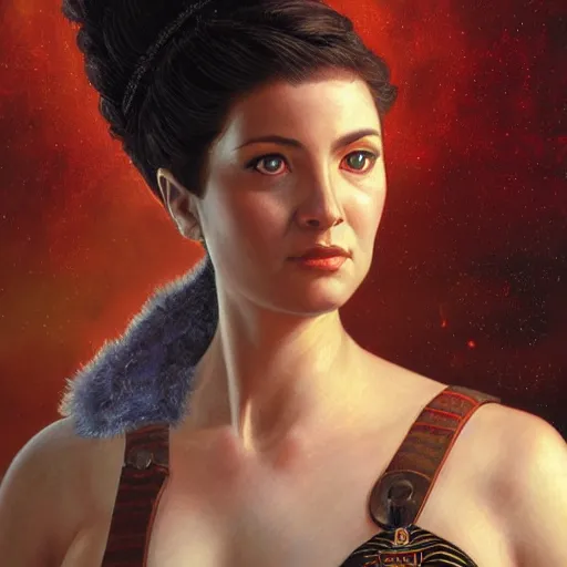 Image similar to portrait of an vulcan woman ( 3 5 ) from vulcan, 4 0 eridani a, alpha quadrant, an oil painting by ross tran and thomas kincade