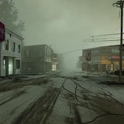 Image similar to mayberry rfd, main street with Andy Griffith, in silent hill style horror zombies death unreal engine