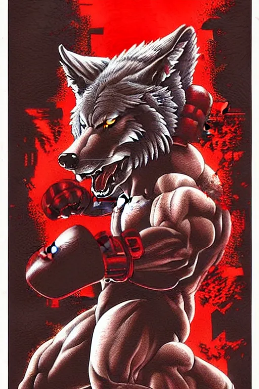 Image similar to extreme long shot. 8 bit nes graphics. antropomorphic muscular masculine wolf. kickboxer fighter, in shorts. wolf head. fine details, very sharp, art from nes game cartridge, marc simonetti and hermann nitsch