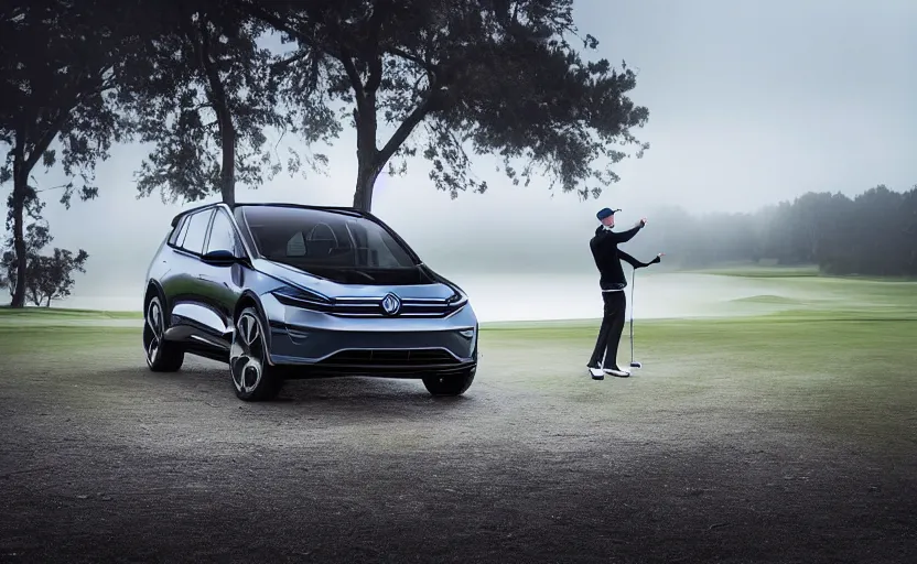 Prompt: the electric suv honma will release soon, outdoor product photography on a golf course, fog, very besautiful ambient light, sun rays behind the lake