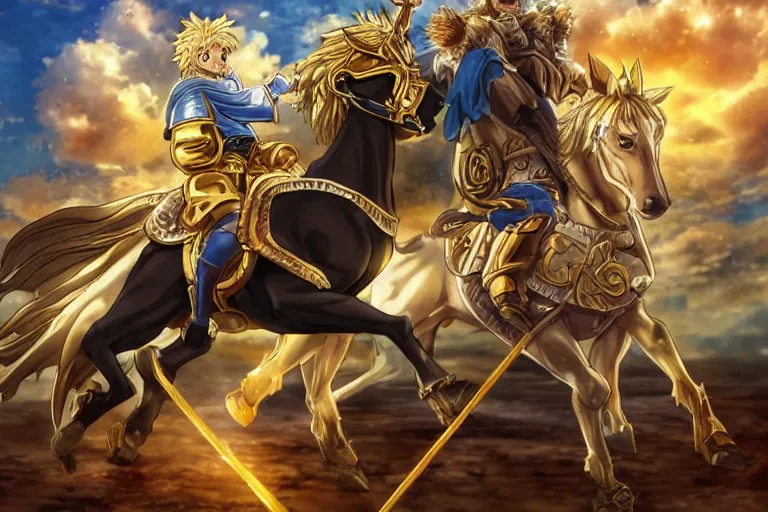 Image similar to an ultra detailed portrait of king richard the lionhearted as a shonen anime protagonist attacking riding a horse in gold armor, 8 k, volumetric lighting, in the style of disney, art by kentaro miura and akira toriyama