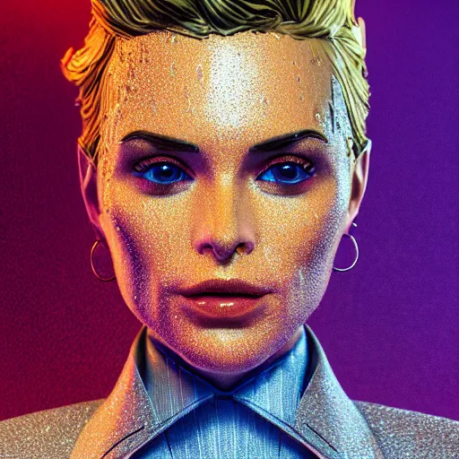 Image similar to stylish woman cartoon portrait made out of rain, pinstripe suit, short blond hair, galactic background, rendered in octane, unreal engine, highly detailed, trending on artstation, realistic, splashes of neon, beautiful