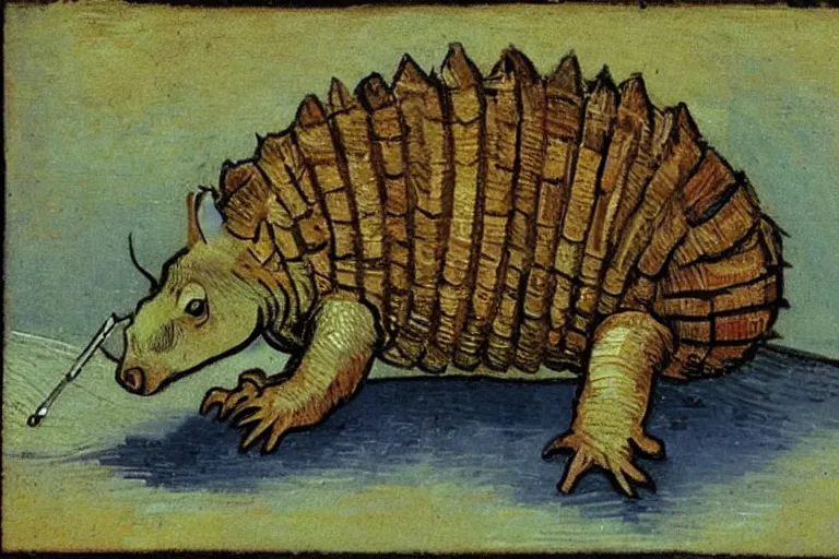 Prompt: an armadillo smoking a joint by van gogh,