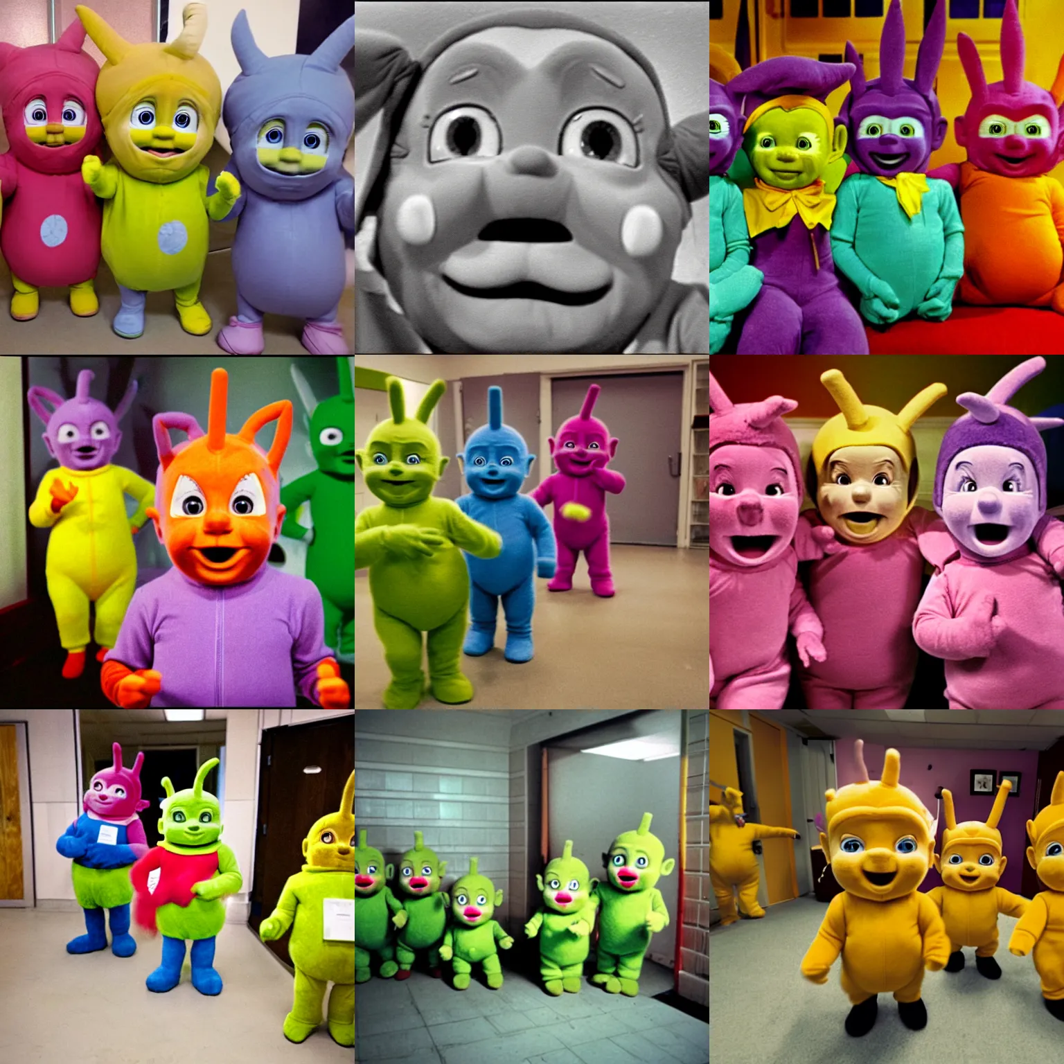 Prompt: sinister teletubbies in the backrooms
