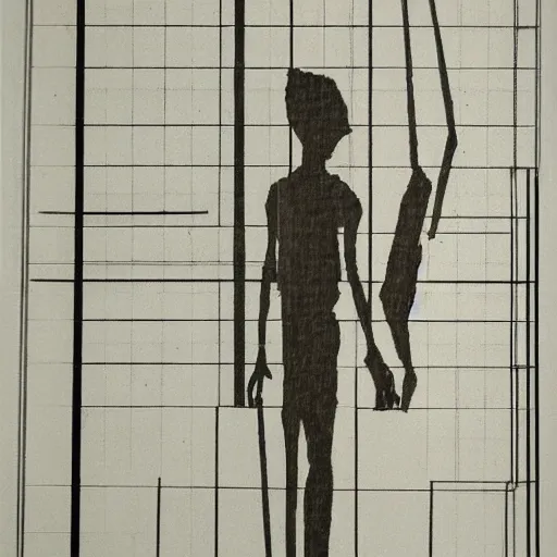 Prompt: architectural blueprint of a public sculpture, human figure in the style of giacometti, drawn to scale with orthographic views