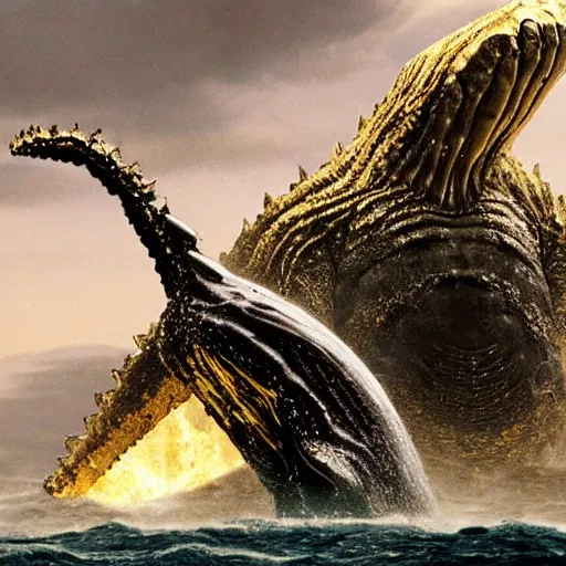 Prompt: whale in gold and silver armor fighting in the depths against godzilla, who has six arms and 5 0 legs