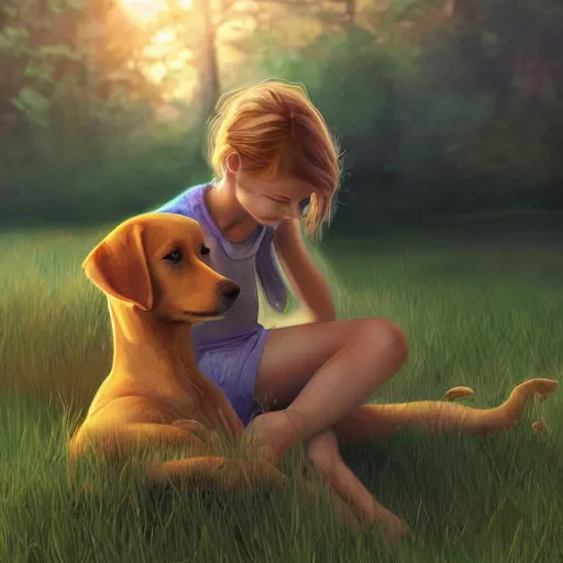 Image similar to semirealistic digital art of a girl playing with a dog, golden hour, detailed