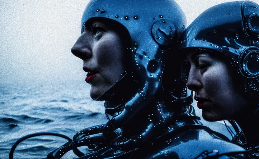 Image similar to cinestill 5 0 d candid photographic portrait by steven spielberg of two loving female androids sobbing wearing rugged black mesh techwear in treacherous waters, flooded city, medium closeup, retrofuturism cyberpunk moody emotional cinematic, pouring iridescent rain bright spotlight helicopter, 8 k, hd, high resolution, 3 5 mm, f / 3 2, ultra realistic faces, ex machina