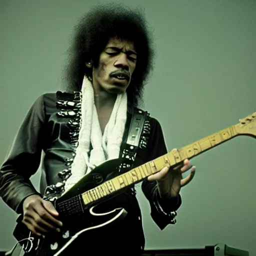 Image similar to jimi hendrix as the singer of black sabbath in a big stadium concert