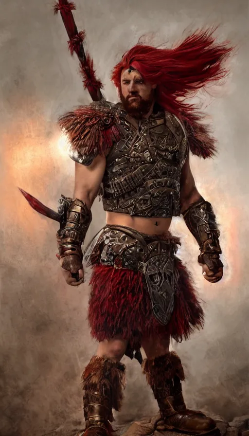 Image similar to bulky muscular scottish warrior with red hair and a kilt, tribal blood red war paintings on his chest, bronze plate armor, 4 k oil on linen by wlop, artgerm, andrei riabovitchev, nuri iyem, james gurney, james jean, greg rutkowski, highly detailed, soft lighting 8 k resolution