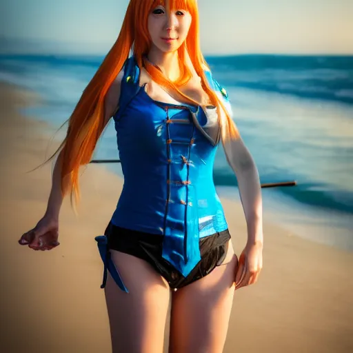 Image similar to A full portrait photo of real-life nami one piece, f/22, 35mm, 2700K, lighting.