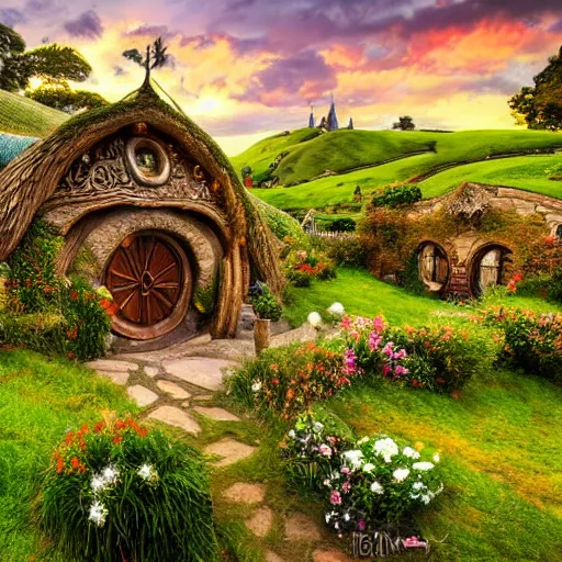 Image similar to hobbiton landscape with huge jewels all around, fantasy, rock, high detail