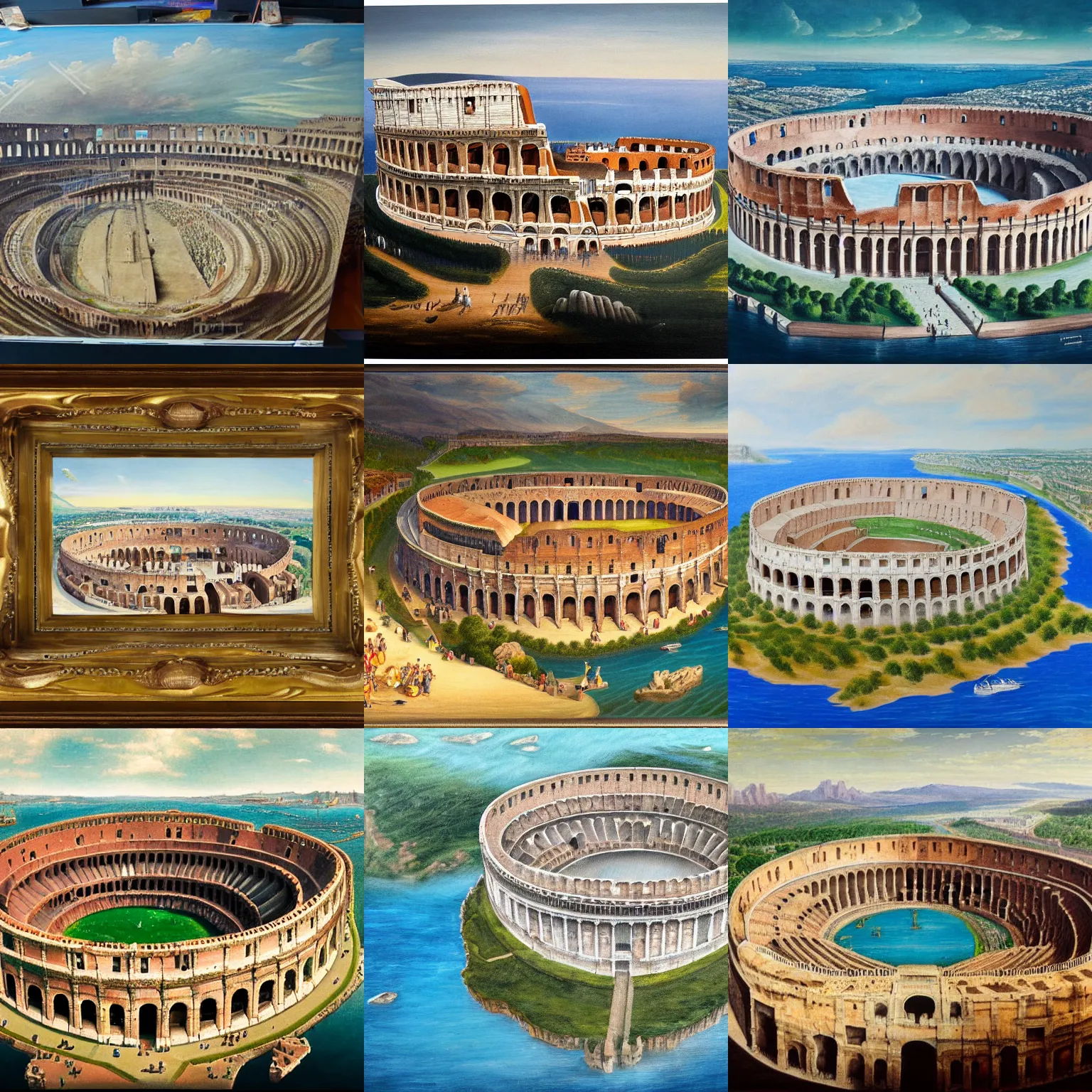 Prompt: a colosseum like arena with it's central part surrounded with water, view from the sky, detailed painting, 8 k,