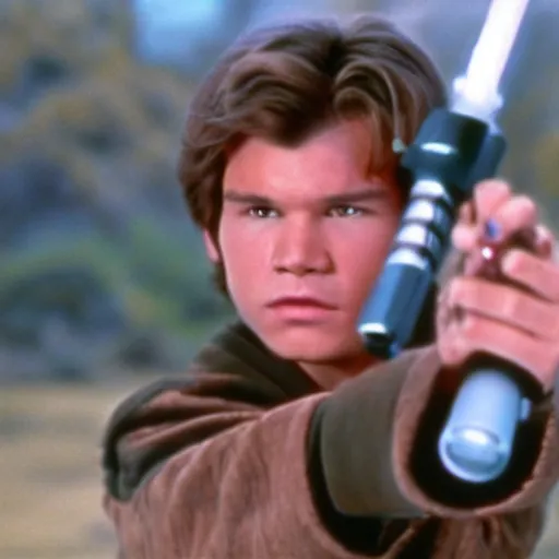 Image similar to A full color still from a film of a teenage Han Solo as a Jedi padawan holding a lightsaber hilt, very cohesive, from The Phantom Menace, directed by Steven Spielberg, 35mm 1990