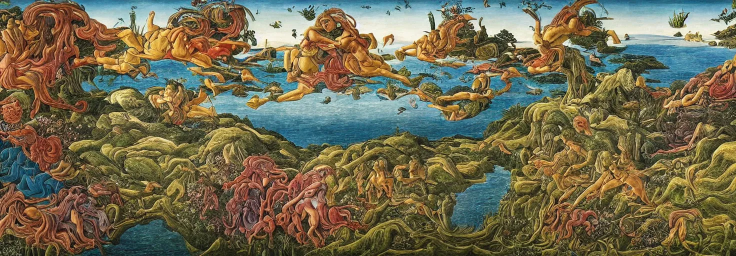 Image similar to beautiful landscape mural of an alien planet, lush landscape, vivid colors, intricate, highly detailed, masterful, fantasy world, in the style of sandro botticelli, moebius