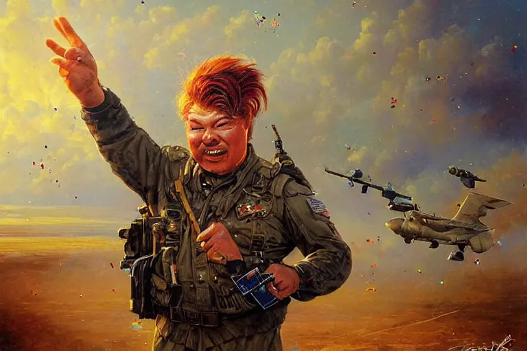 Image similar to portrait of rip taylor throwing confetti during desert storm war, an oil painting by ross tran and thomas kincade