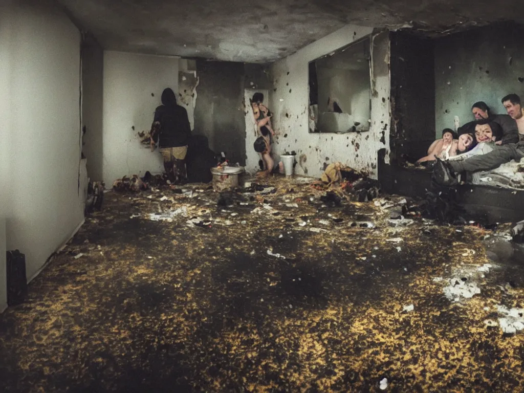 Prompt: a photograph of a man and a woman in a disgustingly filthy vomit filled apartment, submerged in vomit, they are mouldy and obviously intoxicated. they have merged with the walls and ceiling, levitating above a cloud of nebulous dogs