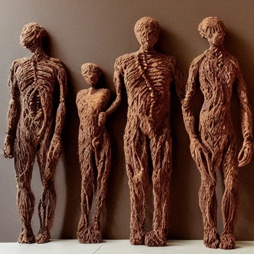 Prompt: dmt bodies. Mesh of human figures intertwined. earthen colors. The medium of this sculpture is human hair. A mess of human hair. Sculpted by August Rodine.