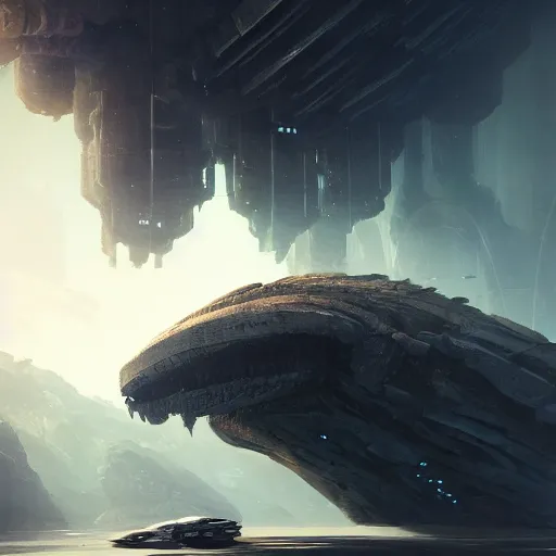 Prompt: a spaceship flies past a skull of a colossal creature, in the style of wlop and greg rutkowski, illustration, epic, sci - fi, hyper detailed, smooth, unreal engine 5, sharp focus, ray tracing