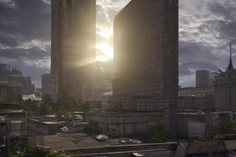 Image similar to streetscape, a towering cathedral of brutalist architecture, buildings covered with greebles, stunning volumetric light, sunset, metal, concrete and translucent material, stunning skies, majestic landscape, trending on Artstation, 8k, photorealistic, hyper detailed, unreal engine 5, IMAX quality, cinematic, epic lighting, in the style of Greg Rutkowski