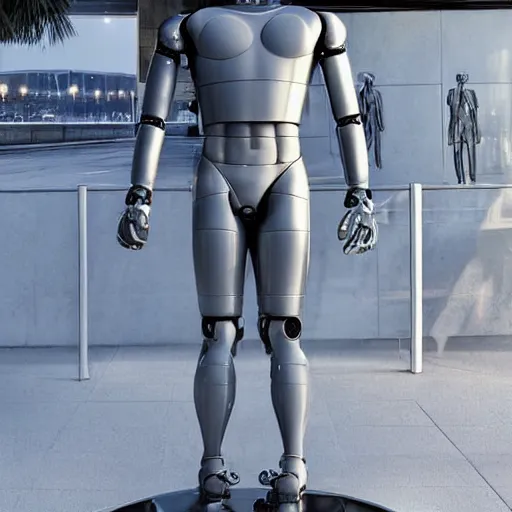 Image similar to a realistic detailed photo of a guy who is an attractive humanoid who is half robot and half humanoid, who is a male android, soccer player martin ødegaard, shiny skin, posing like a statue, blank stare, by the pool, on display, showing off his muscles, humanoid robot, frozen ice statue