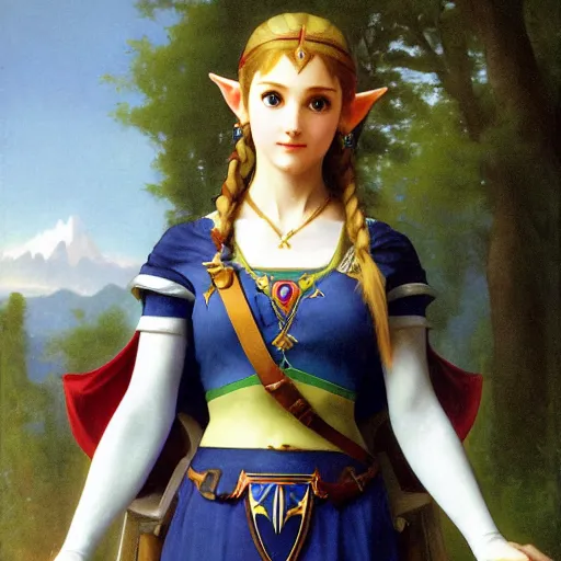 Image similar to a screnshot of princess Zelda Zelda Zelda from ocarina of time looking over her shoulder by William-Adolphe Bouguereau