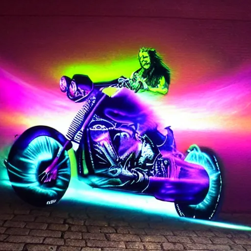 Image similar to psychedelic blacklight airbrush artwork, action shot of an orc biker riding a motorcycle, airbrushed on a black background