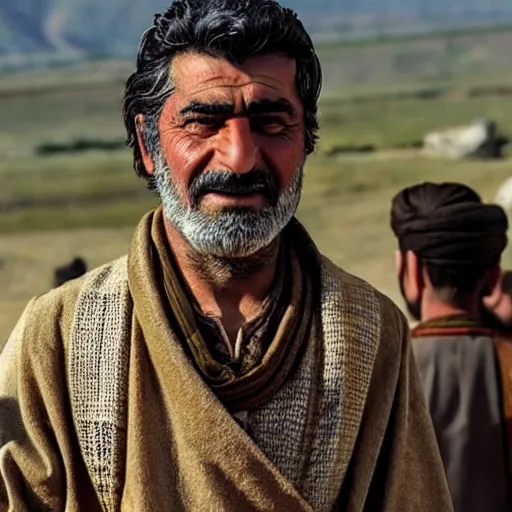 Image similar to Close up of a Kurdish shepherd wearing Kurdish clothes in a movie directed by Christopher Nolan, movie still frame, promotional image, imax 70 mm footage